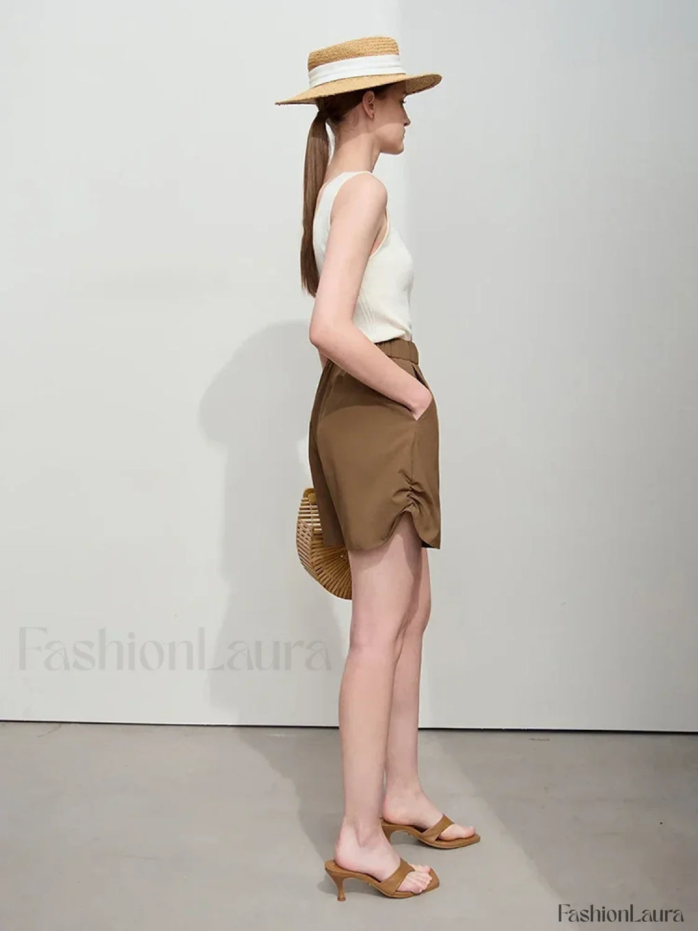 Minimalist Women Pleated Pocket Design Loose Short