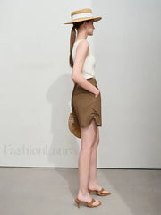 Minimalist Women Pleated Pocket Design Loose Short