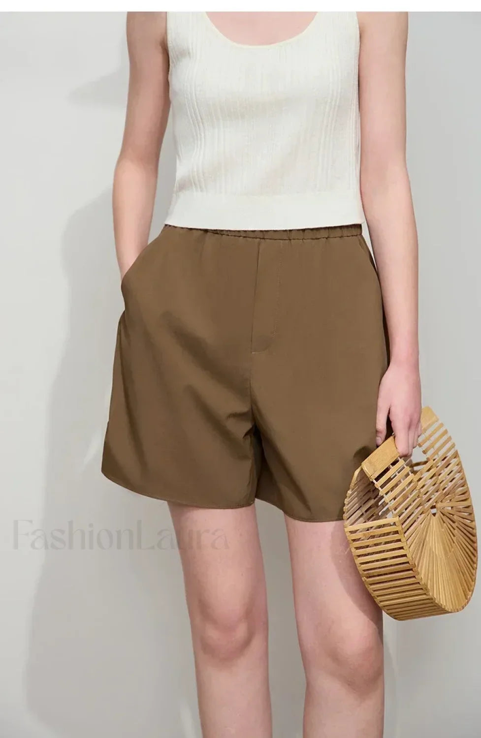 Minimalist Women Pleated Pocket Design Loose Short Brown / S