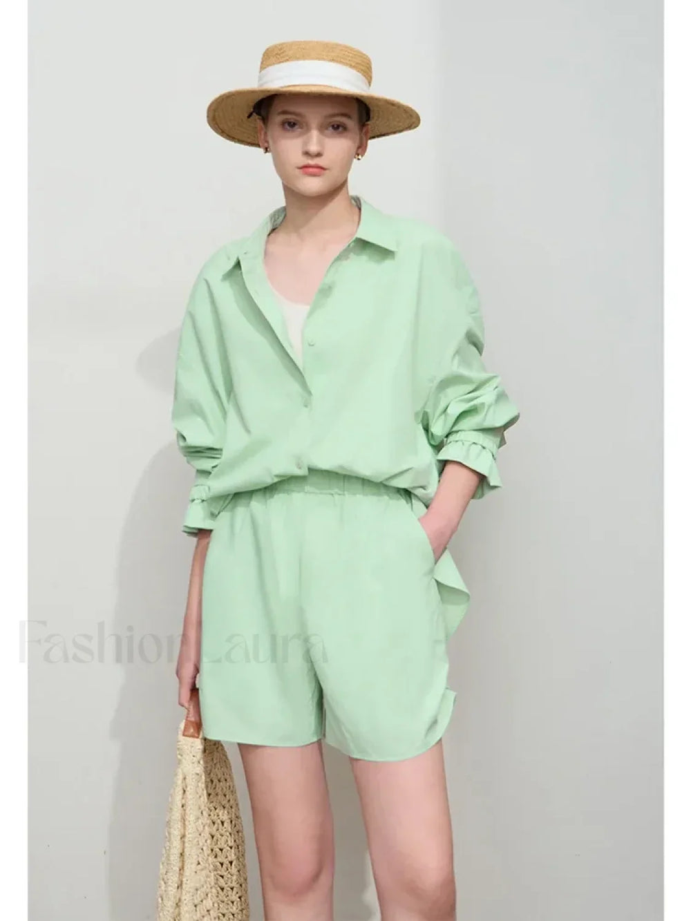 Minimalist Women Pleated Pocket Design Loose Short Green / S