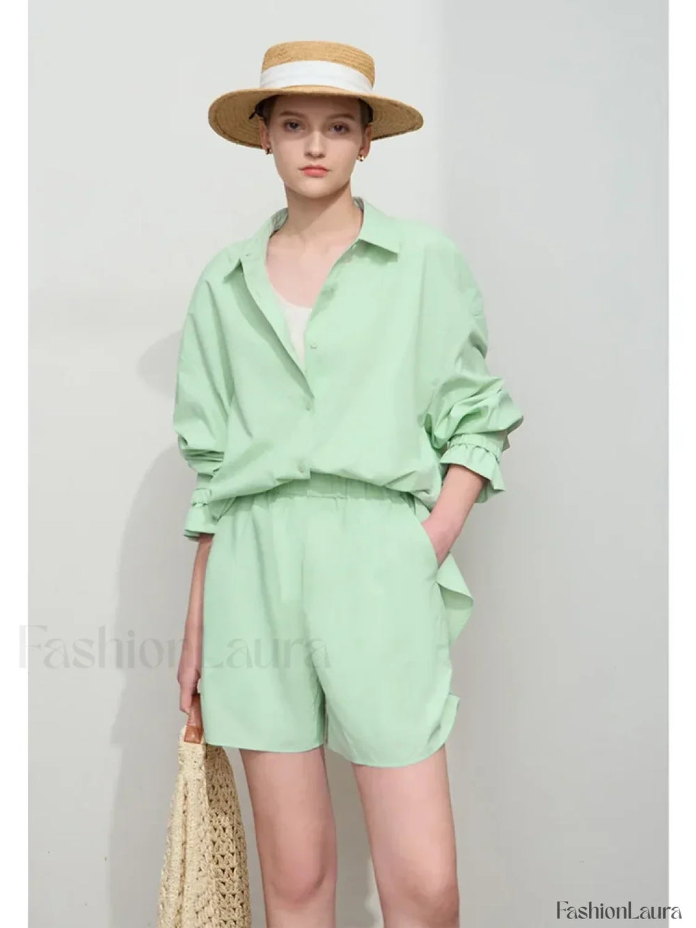 Minimalist Women Pleated Pocket Design Loose Short Green / S