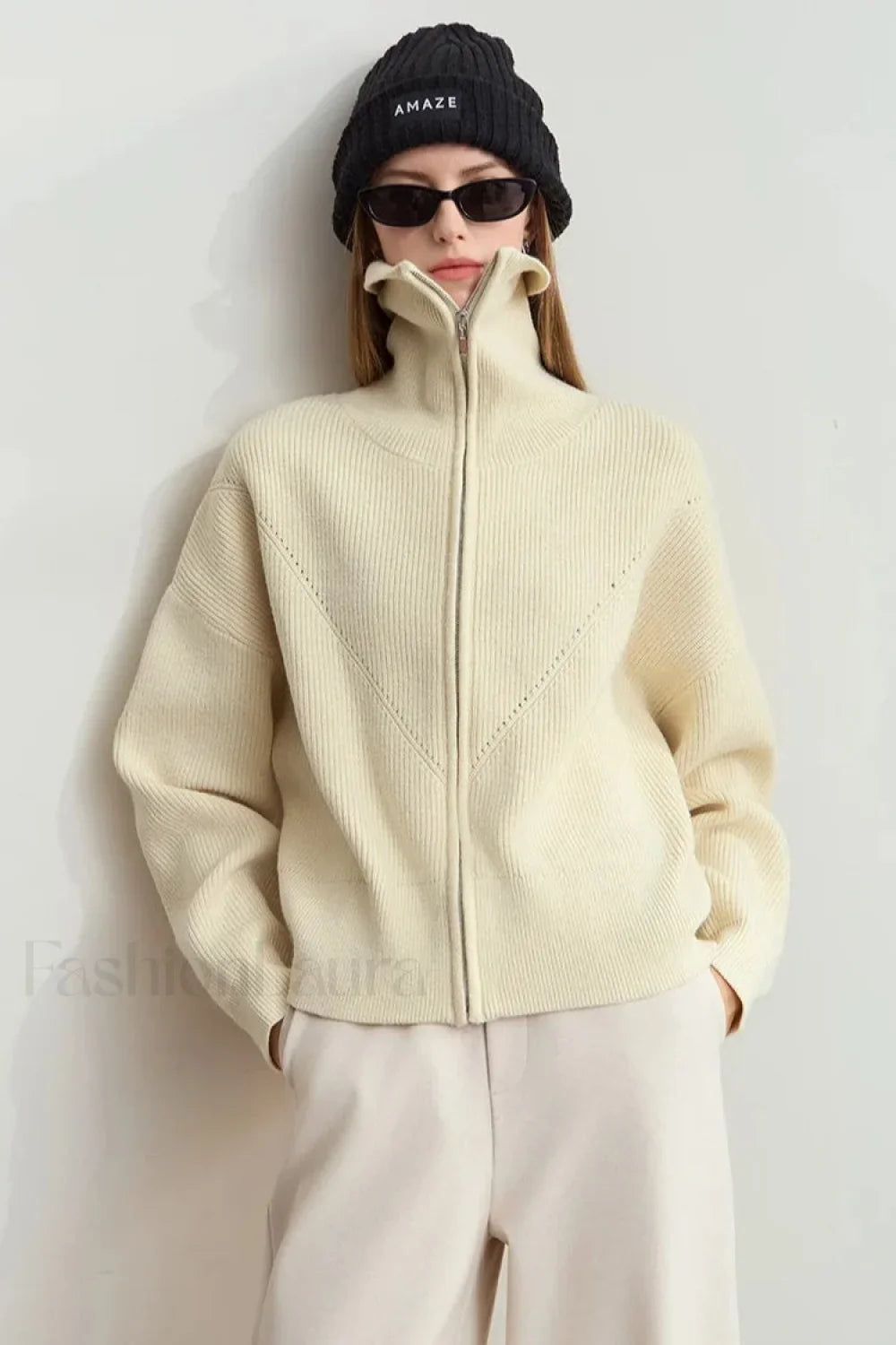 Minimalist Zipper Wool Ribbed Cardigan Beige / S