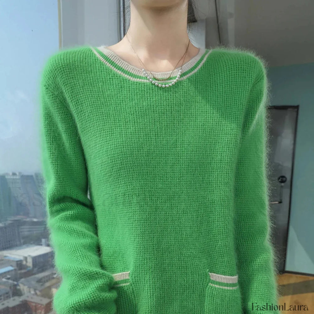 Mink Cashmere Autumn Winter New Women’s Round Neck Pullover Fashion Solid Color Warm Sweater Sweaters L