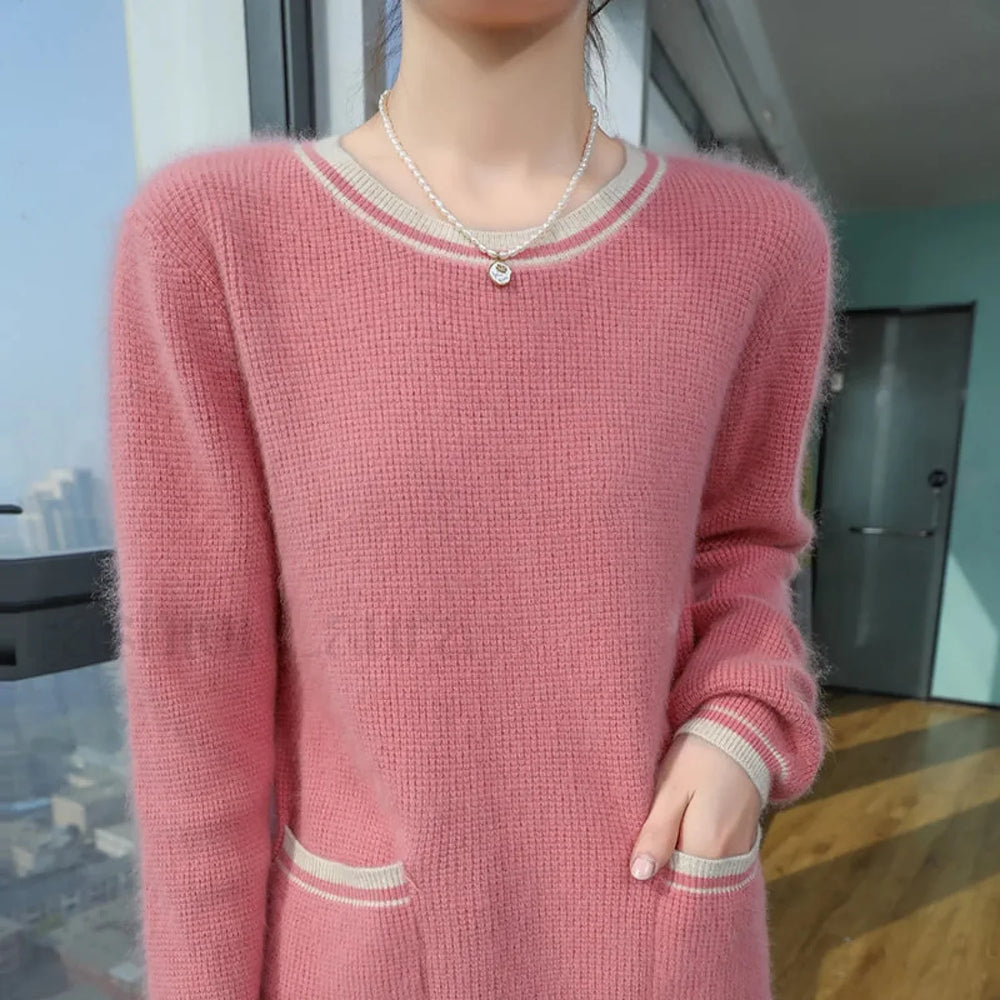 Mink Cashmere Autumn Winter New Women’s Round Neck Pullover Fashion Solid Color Warm Sweater Sweaters L