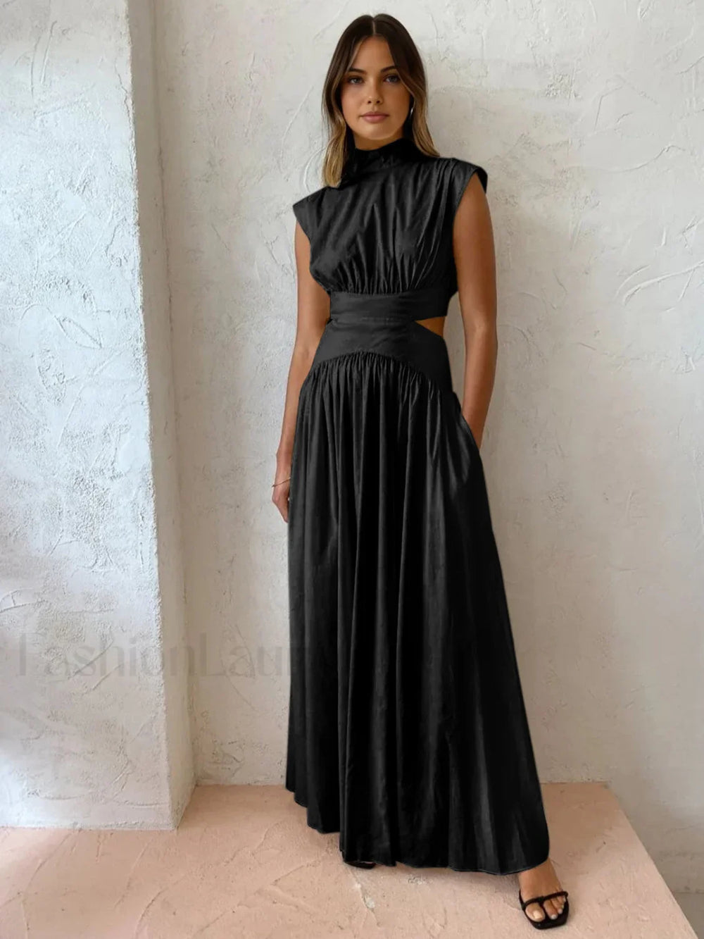 Mock Neck Cut Out Long Dress Black / XS Dresses