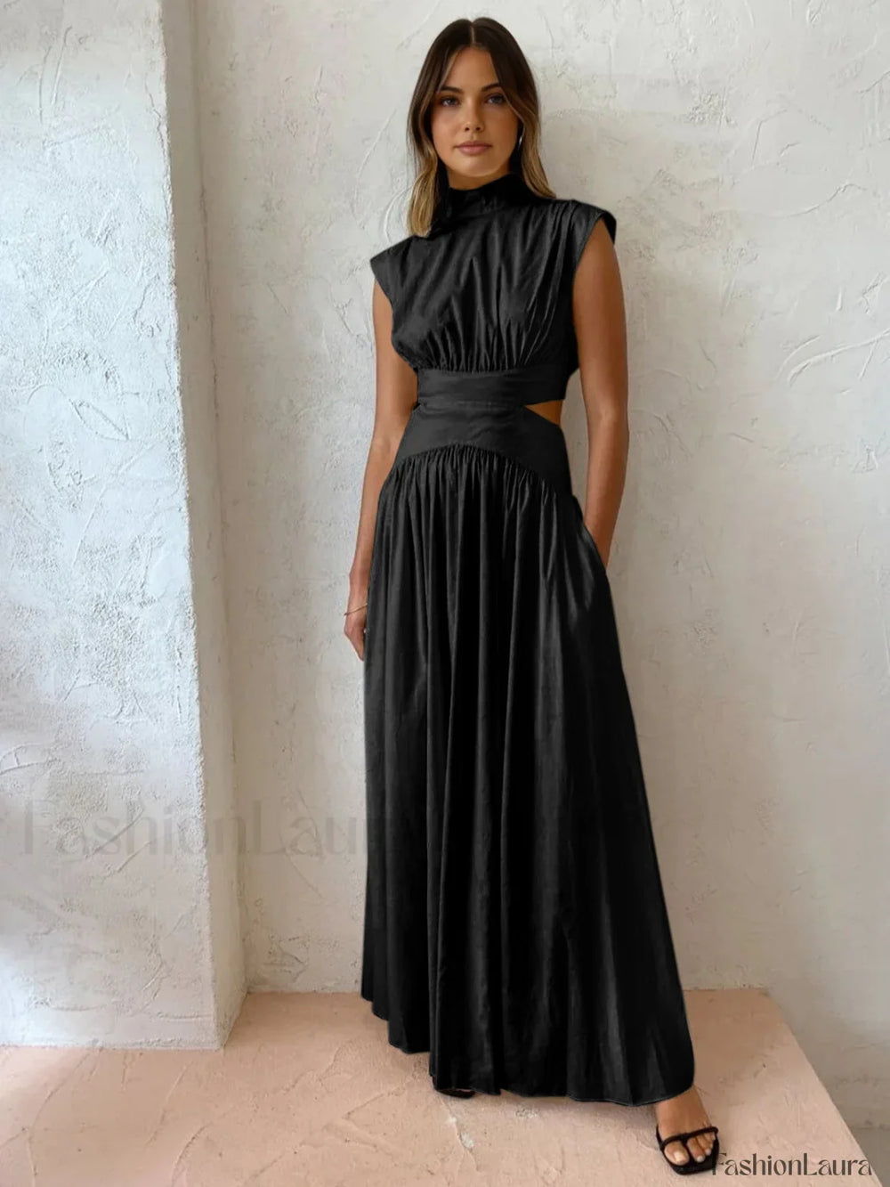 Mock Neck Cut Trendy Out Long Dress Black / XS Dresses