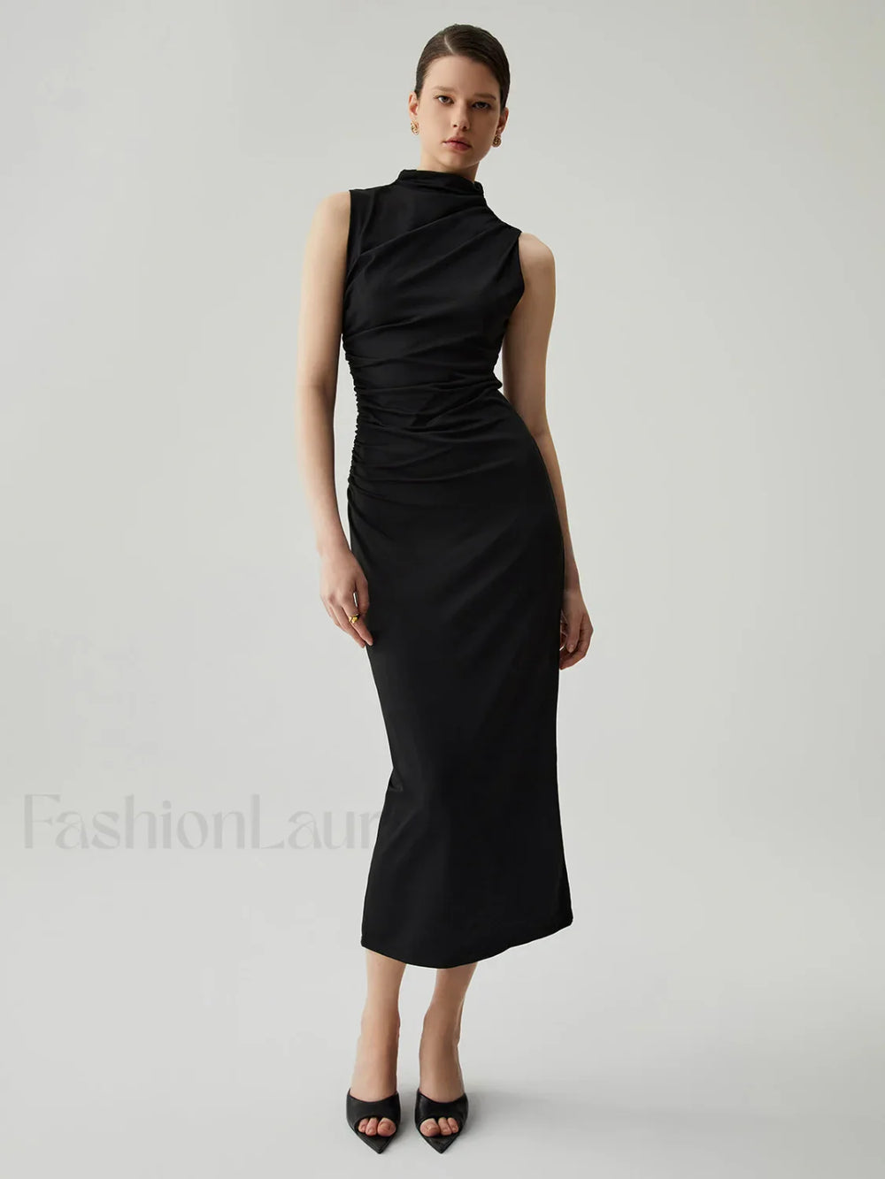Mock Neck Sleeveless Trendy Split Ruched Long Dress Black / XS Dresses