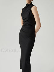 Mock Neck Sleeveless Trendy Split Ruched Long Dress Dresses