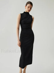 Mock Neck Sleeveless Trendy Split Ruched Long Dress Dresses