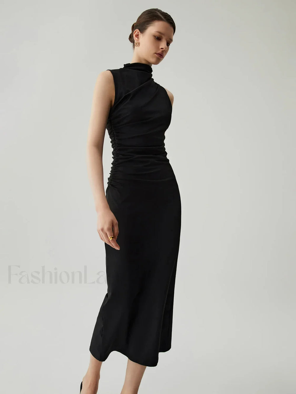 Mock Neck Sleeveless Trendy Split Ruched Long Dress Dresses