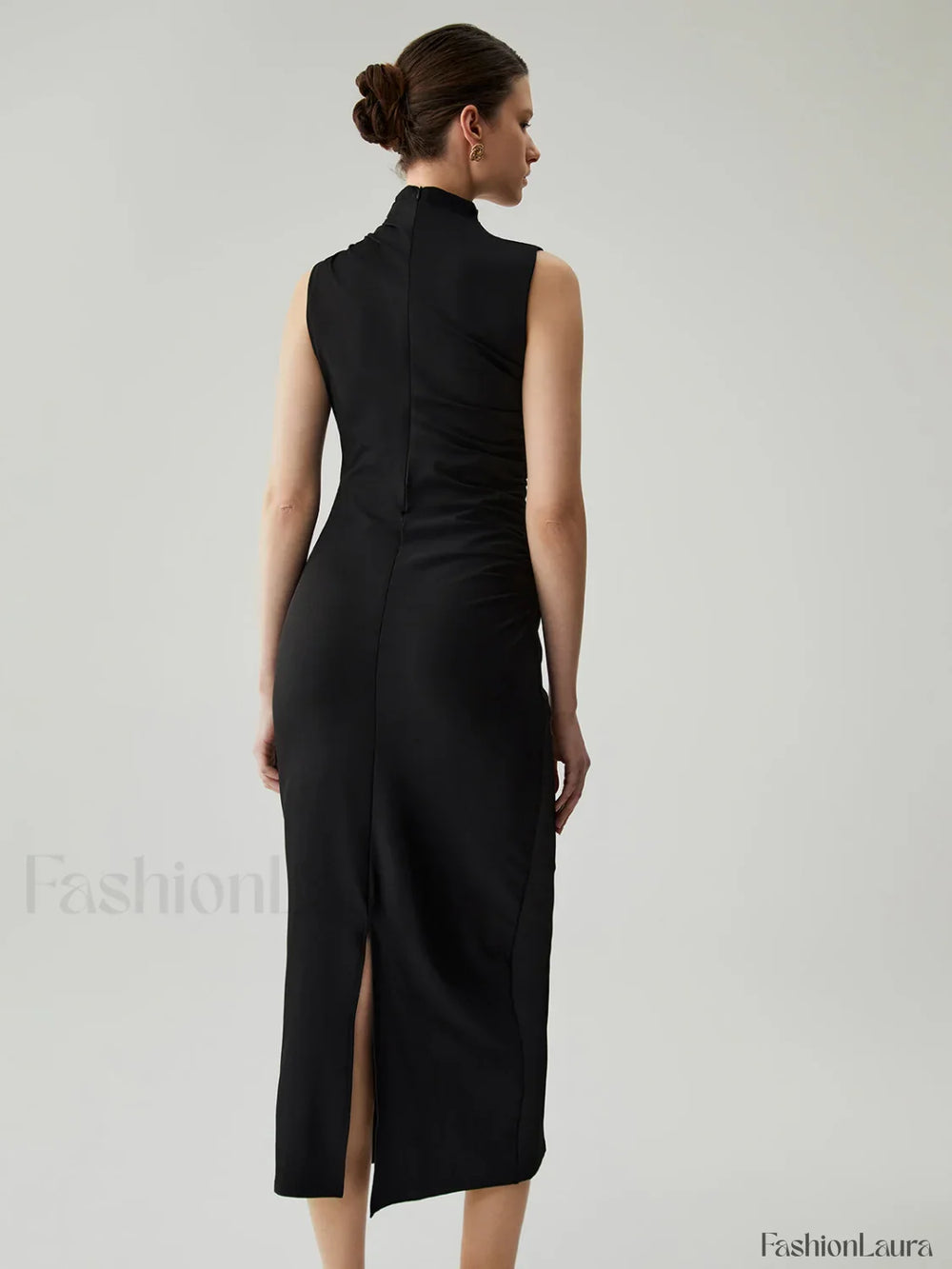 Mock Neck Sleeveless Trendy Split Ruched Long Dress Dresses