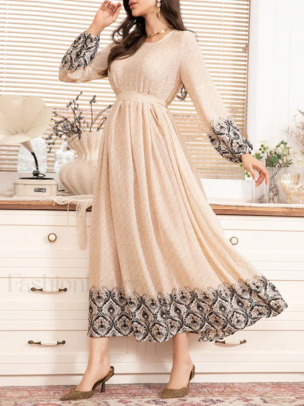 Modest Round Neck Midi Boho Dress