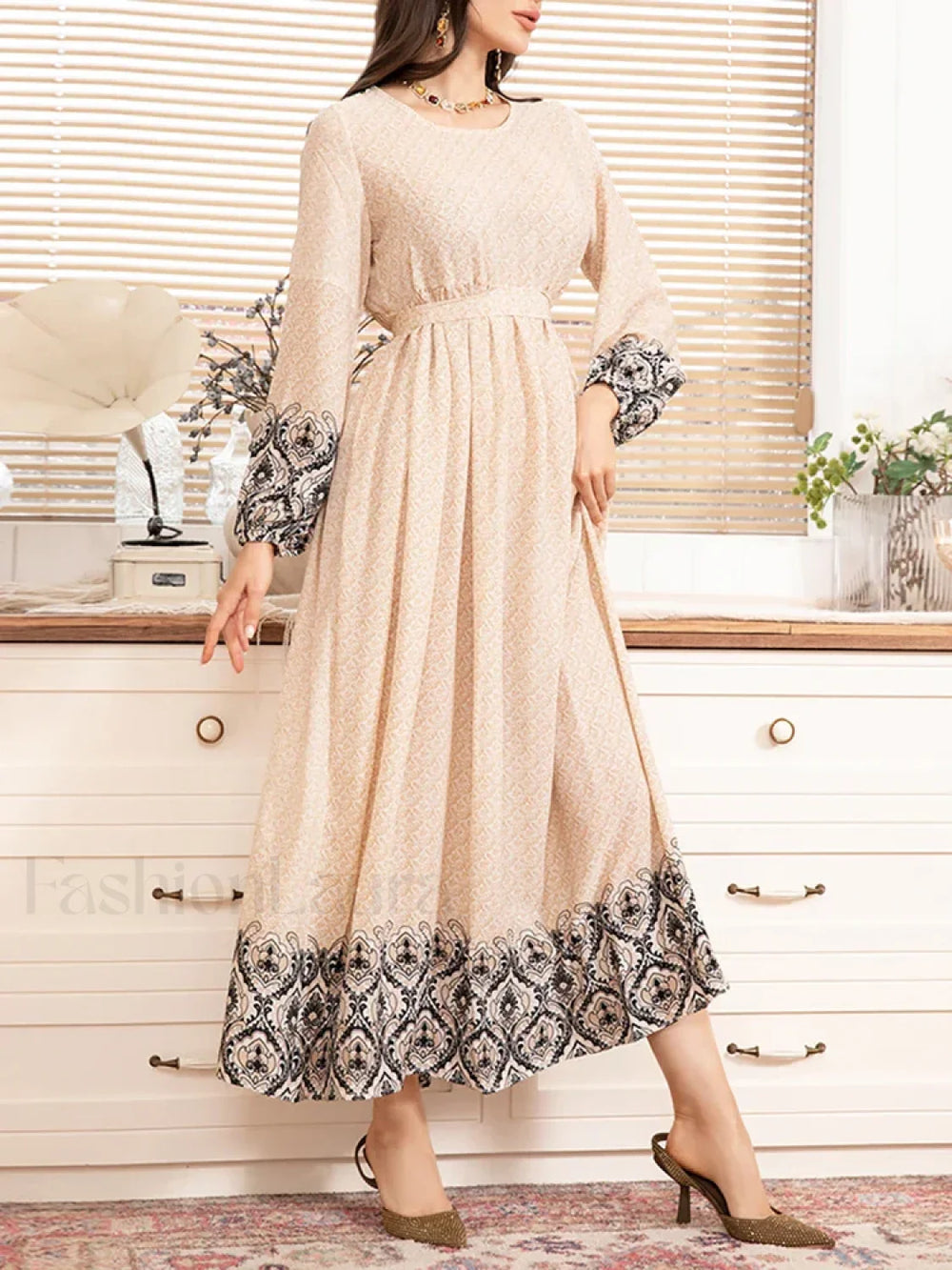 Modest Round Neck Midi Boho Dress