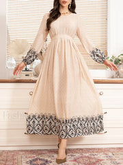 Modest Round Neck Midi Boho Dress Apricot / M