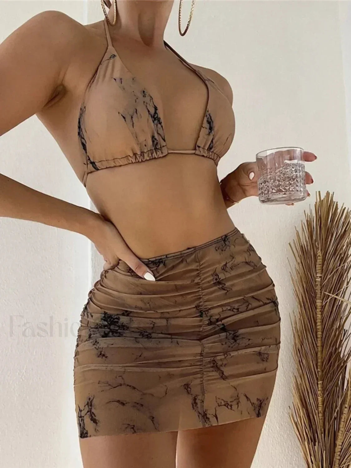 Multi Color Halter Skirt Three Piece Set Coffee / S