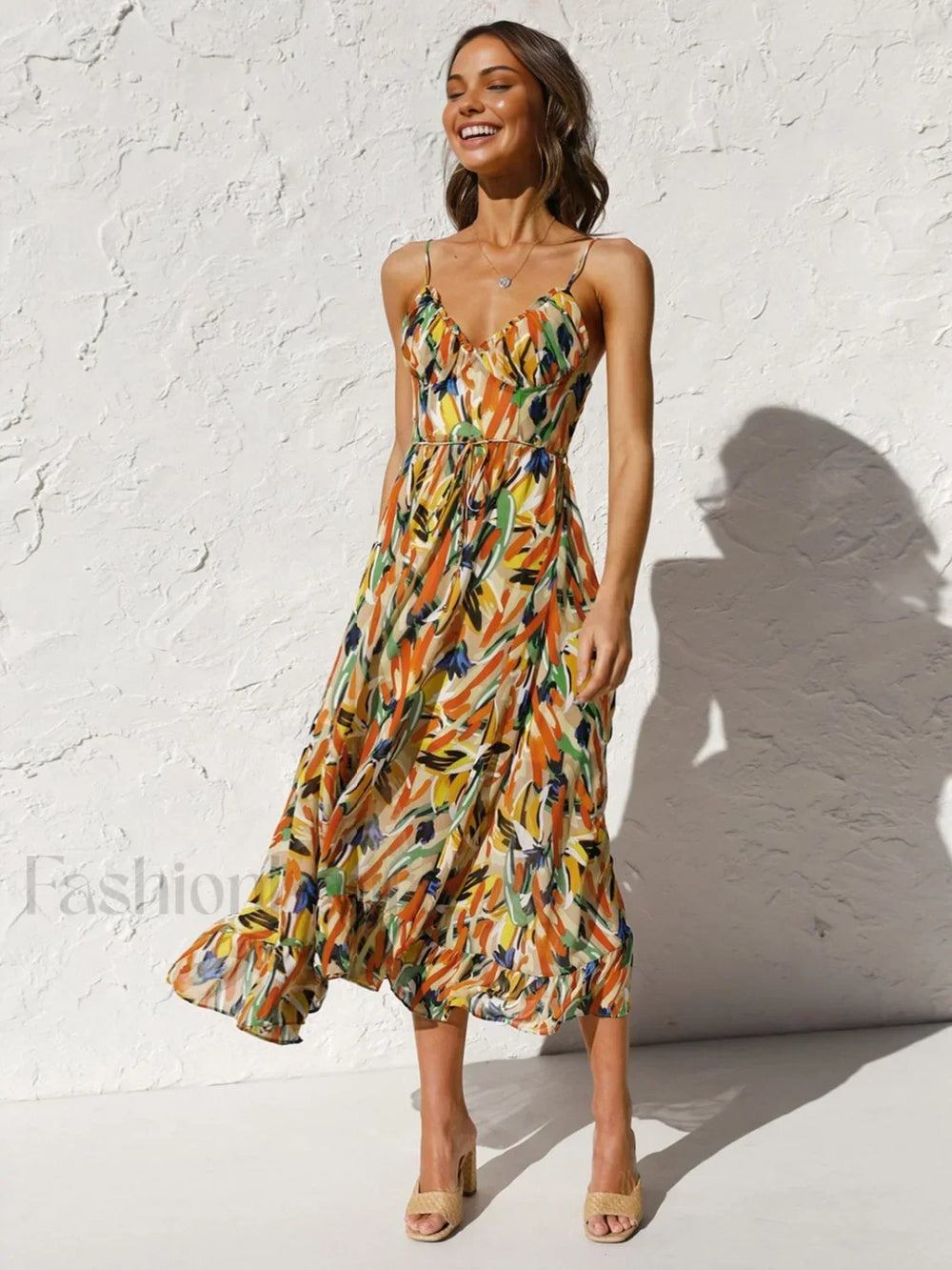 Multi Color Print Cami Midi Dress Orange / XS Dresses