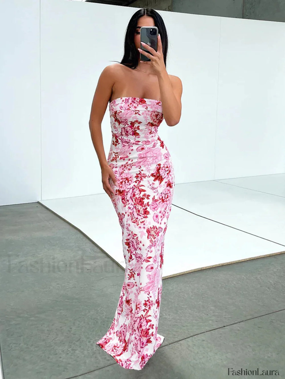 Multi Floral Graceful Split Long Dress Red / XS Dresses