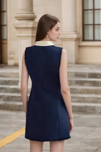 Navy Sleeveless Work Dress with White Collar and Gold Buttons