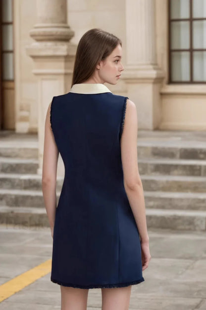 Navy Sleeveless Work Dress with White Collar and Gold Buttons