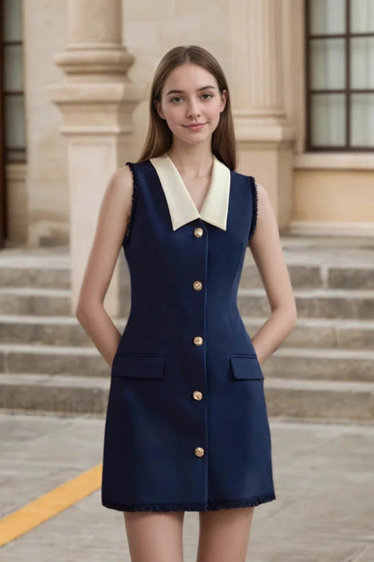 Navy Sleeveless Work Dress with White Collar and Gold Buttons Dark Blue / S