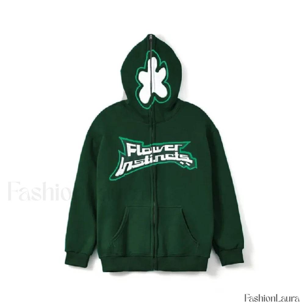 Neutral Casual Loose Oversized Flower Embroidery Zipper Hoody Green / S Sweatshirts & Hoodies L