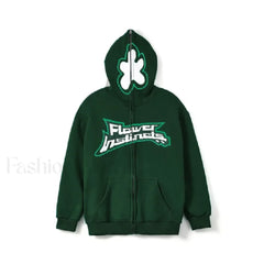 Neutral Casual Loose Oversized Flower Embroidery Zipper Hoody Green / S Sweatshirts & Hoodies L