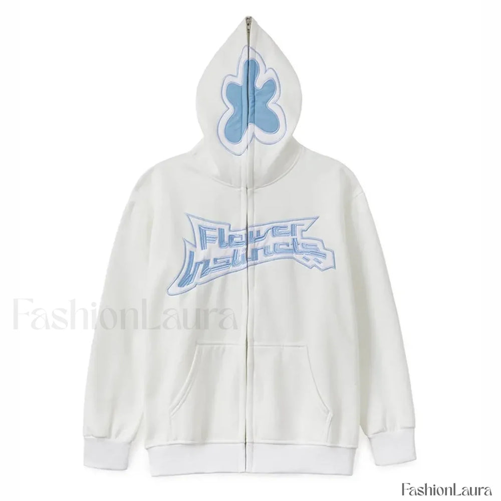 Neutral Casual Loose Oversized Flower Embroidery Zipper Hoody White / S Sweatshirts & Hoodies L