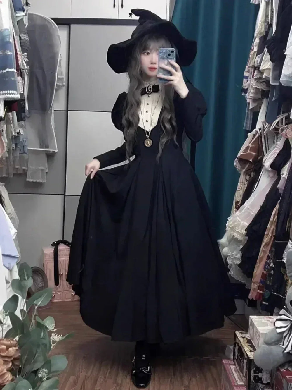 New Winter Black Lolita Dark Cinched Sleeve Waist Punk Gothic Harajuku Autumn Bubble Vintage Long Dress