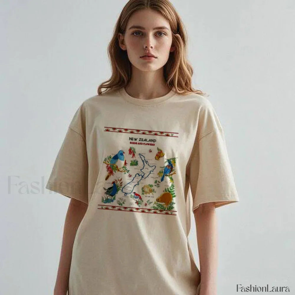 New Zealand Cartoon Summer Loose Casual T Shirt Beige / M