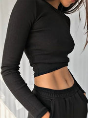 O Neck Long Sleeve Ribbed Cropped T shirt