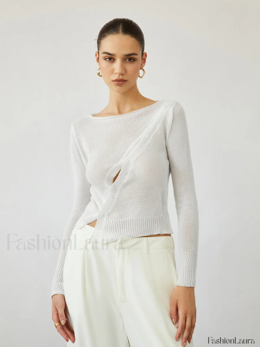 Oblique Buttoned Cover Trendy Up Knit Top Sweaters L