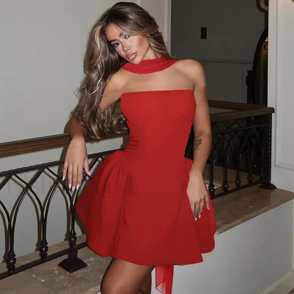Off Shoulder A Line Mini Dress red / S