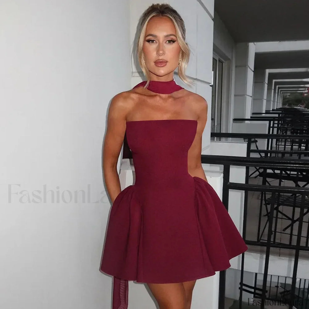 Off Shoulder A Line Mini Dress Wine / S