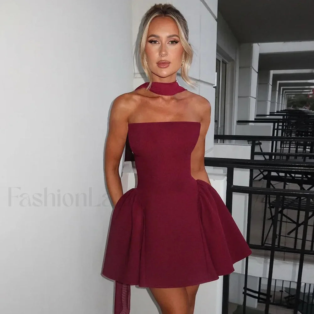 Off Shoulder A Line Mini Dress Wine / S