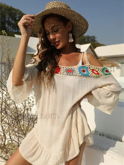 Off Shoulder Crochet Loose Cover Up APRICOT / One Size
