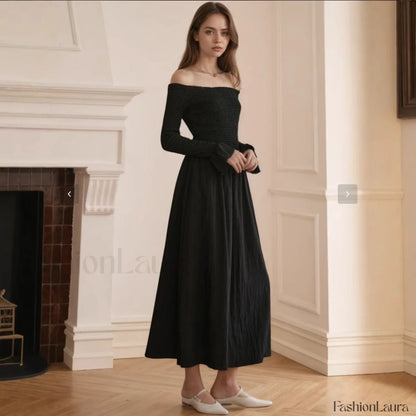 Off Shoulder Curved Horn Sleeve Flared Maxi Dress