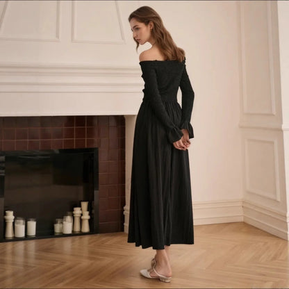 Off Shoulder Curved Horn Sleeve Flared Maxi Dress