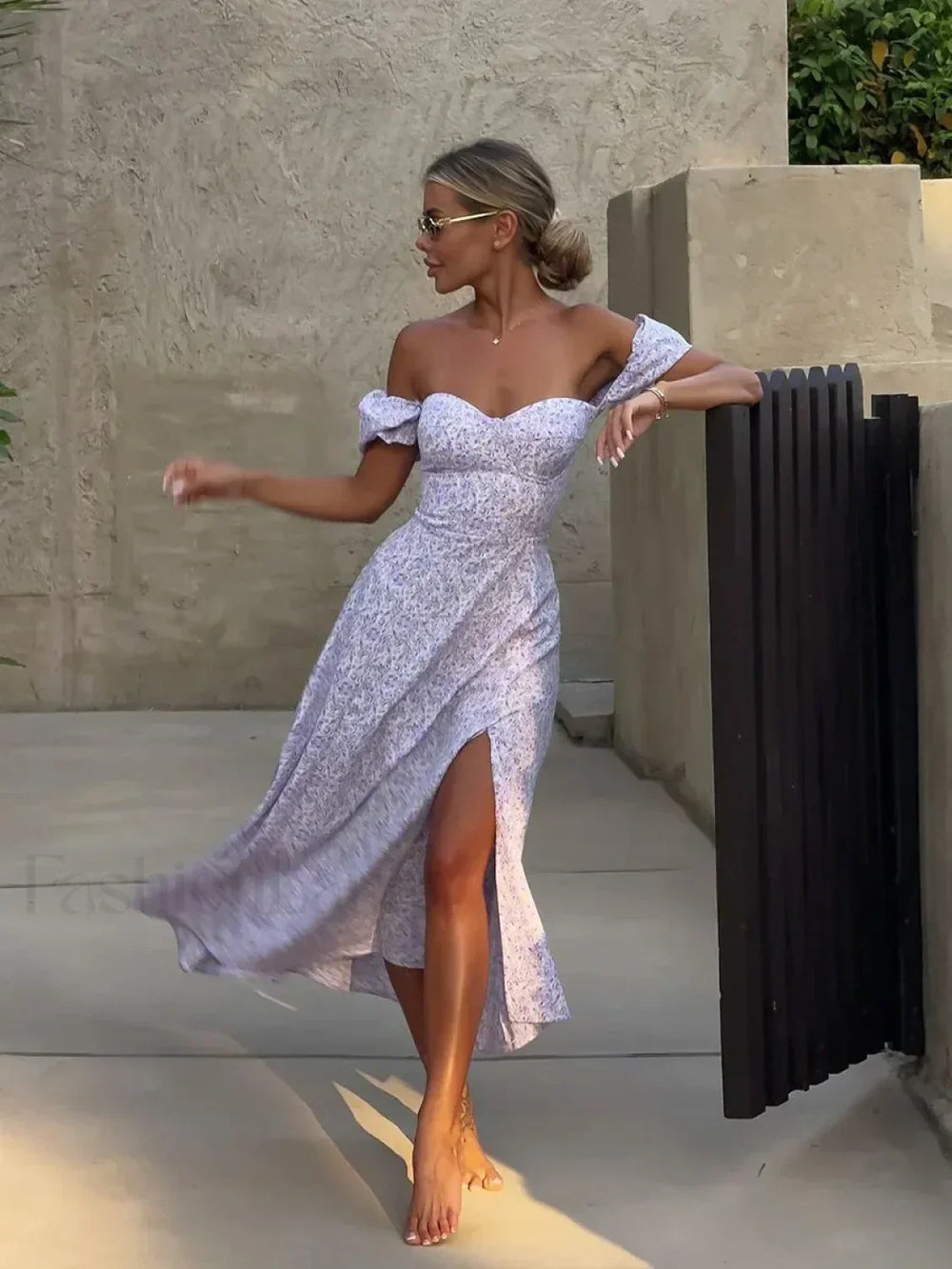 Off Shoulder Floral Print Slit Dress Slim Fit Sexy Evening Floral Dress