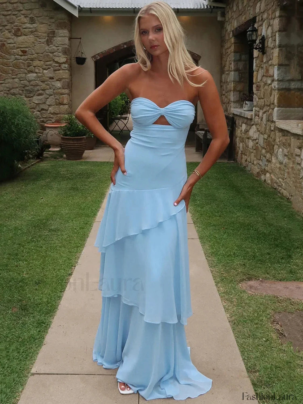 Off Shoulder Hollow Ruffle Maxi Dress Blue / S