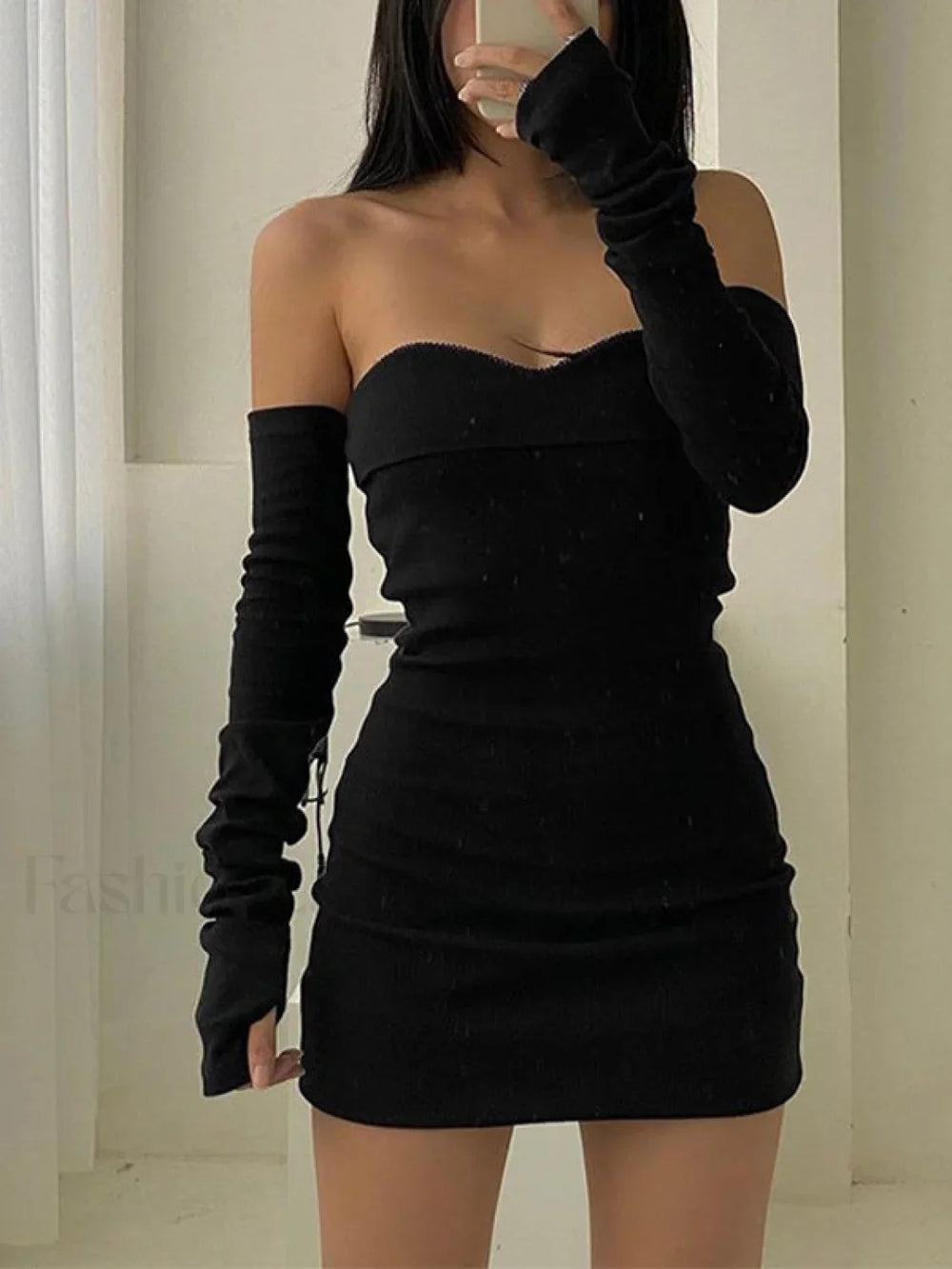 Off Shoulder Long Sleeve Mini Dress Black / S Mini Dresses