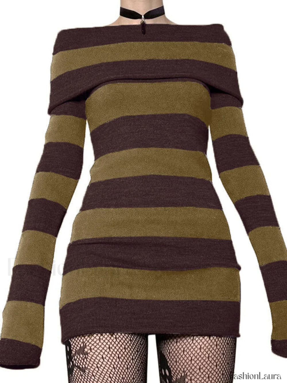 Off Shoulder Long Sleeve Striped Knit Mini Dress Mini Dresses