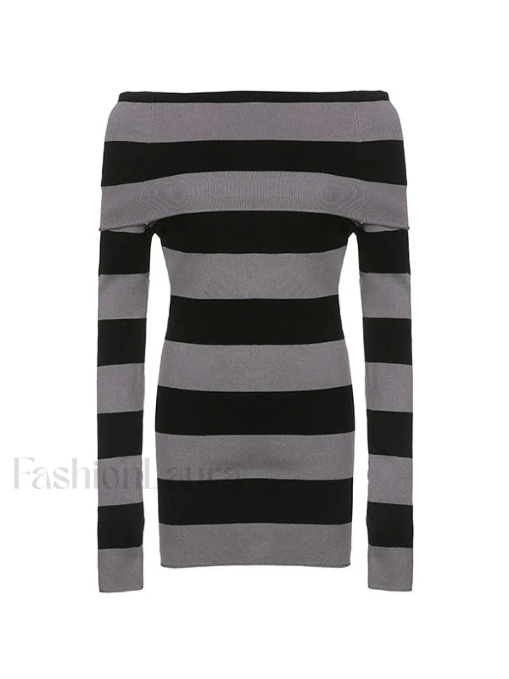 Off Shoulder Long Sleeve Striped Knit Mini Dress Mini Dresses