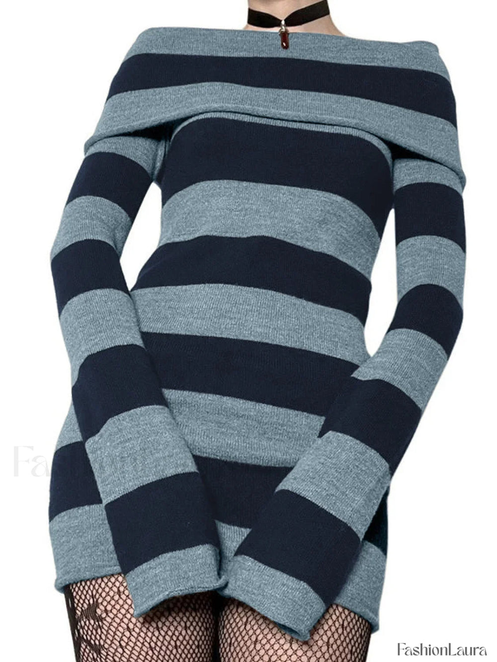 Off Shoulder Long Sleeve Striped Knit Mini Dress Mini Dresses