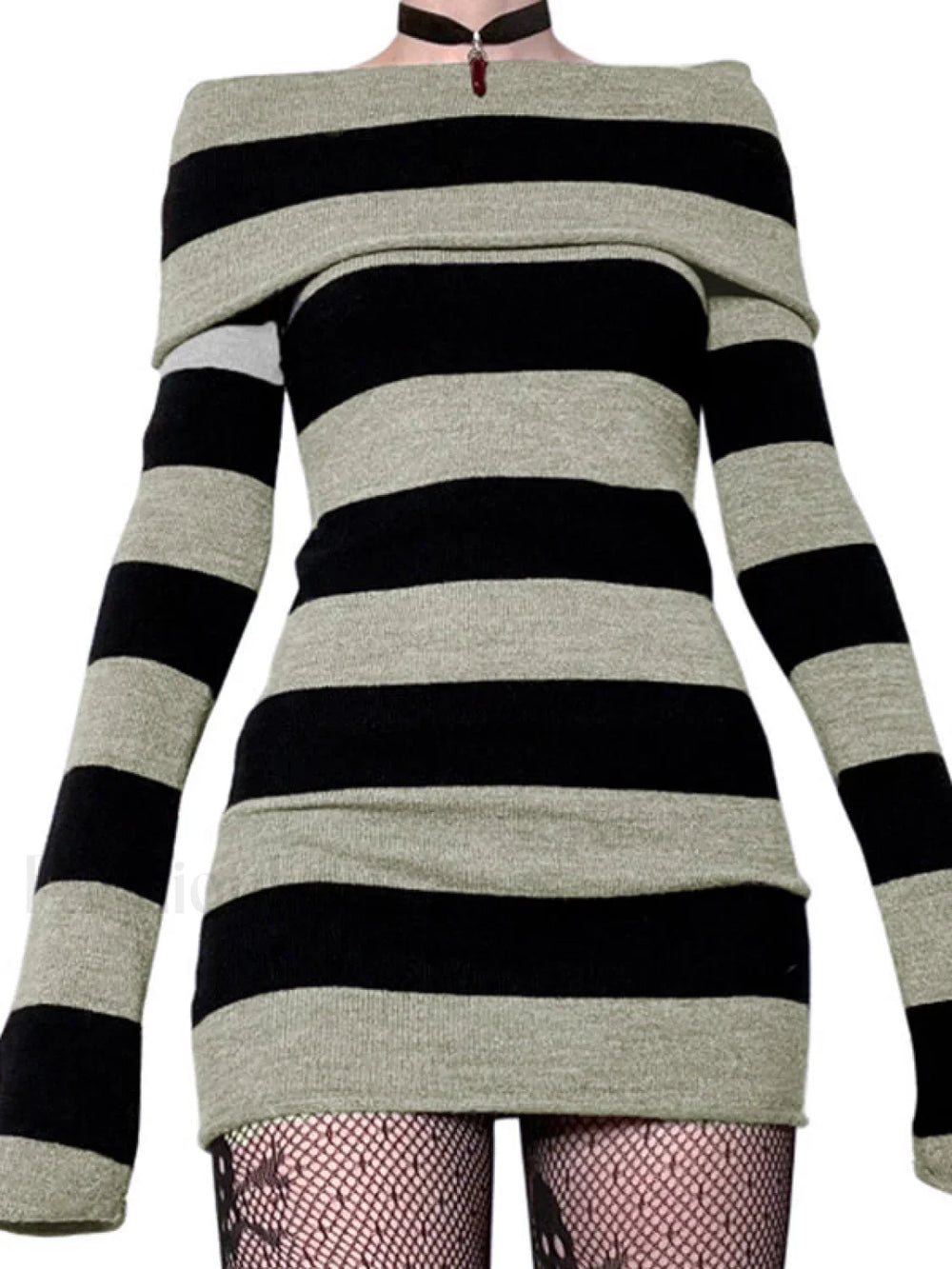 Off Shoulder Long Sleeve Striped Knit Mini Dress Mini Dresses