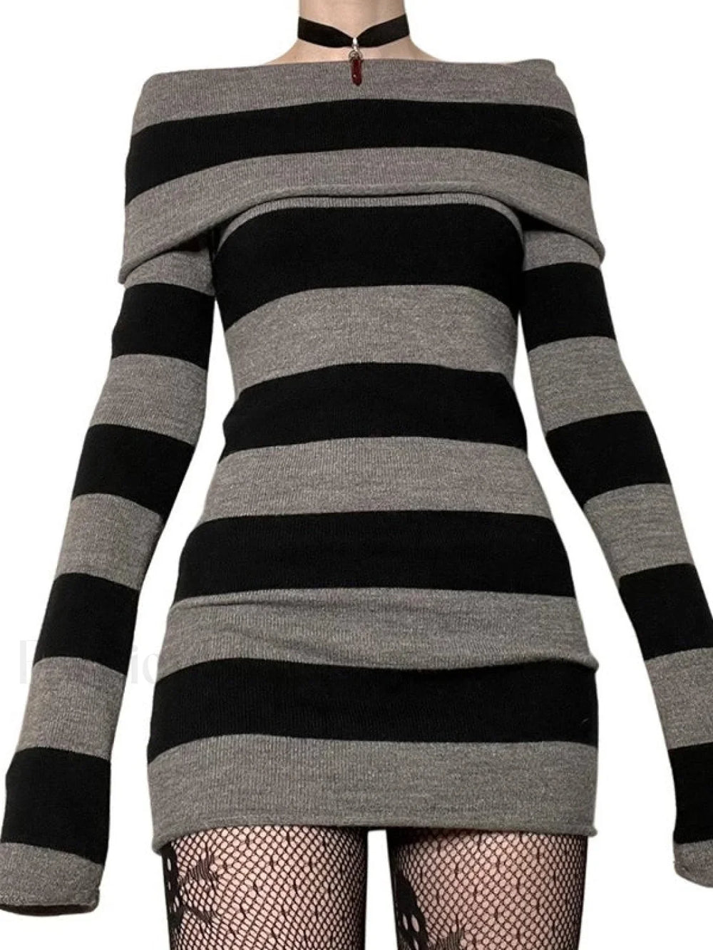 Off Shoulder Long Sleeve Striped Knit Mini Dress Black / S Mini Dresses