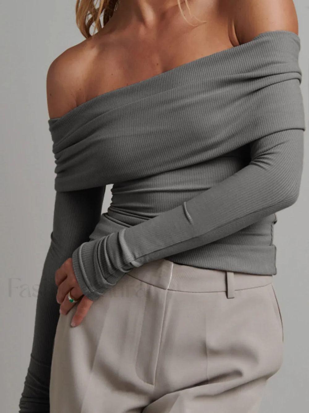 Off Shoulder Overfold Trendy Long Sleeve Crop Shirt Grey / XS T Shirts