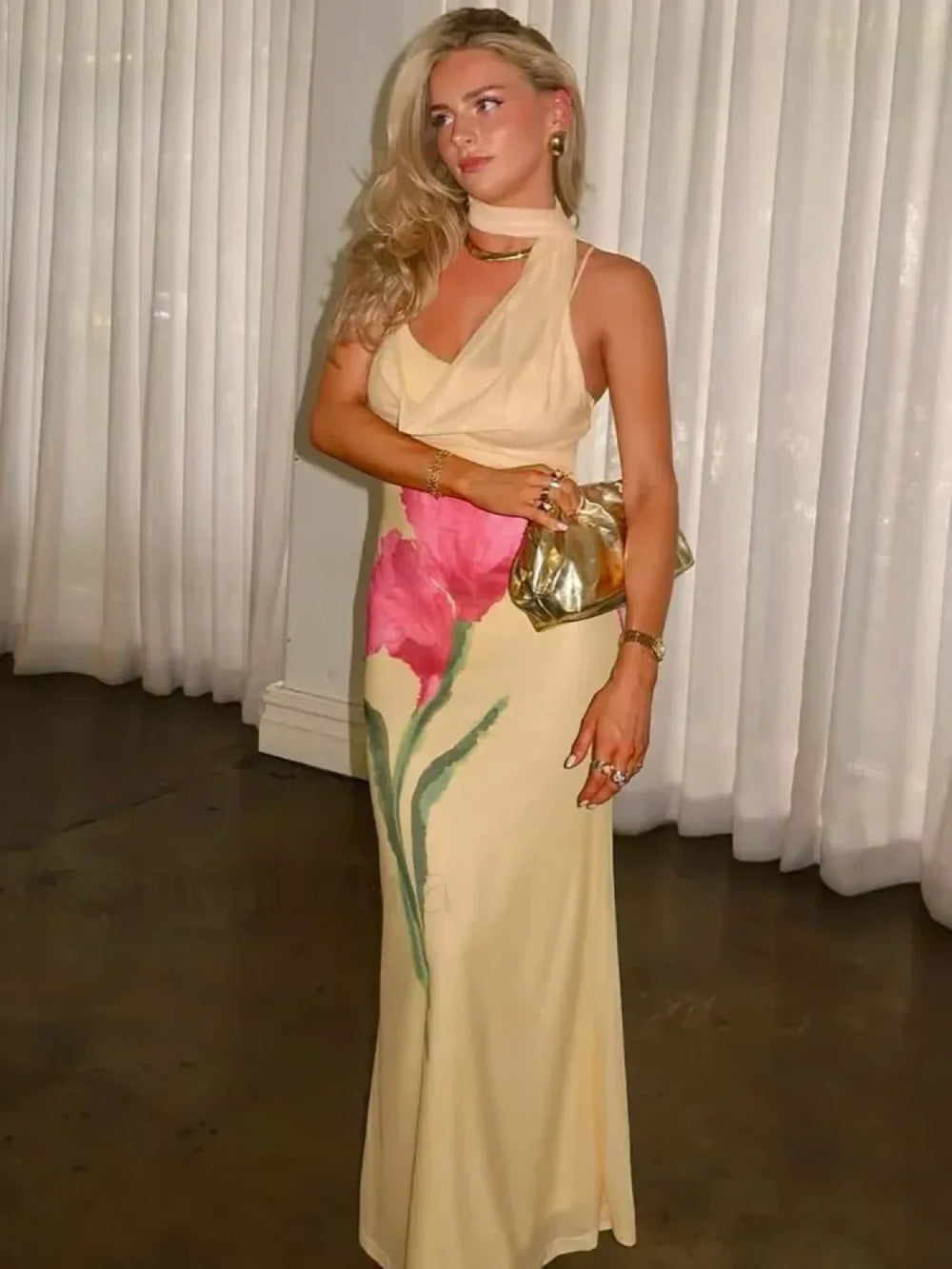 Off Shoulder Print Maxi Dress Yellow / S