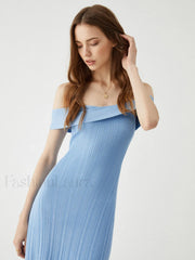 Off Shoulder Ribbed Graceful Midi Sweater Dress Sweaters L