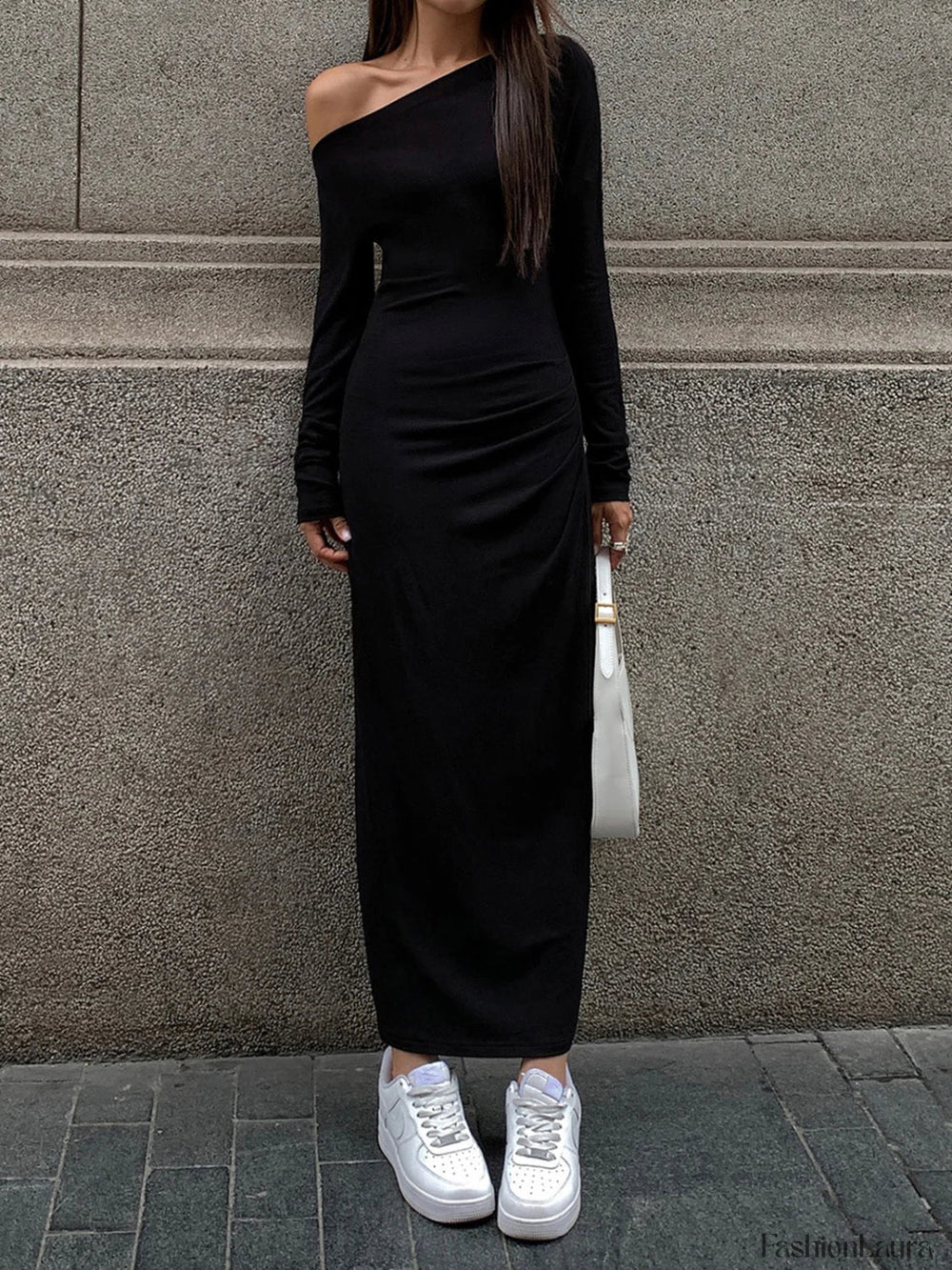 Off Shoulder Ribbed Long Modern Sleeve Knit Long Dress Dresses