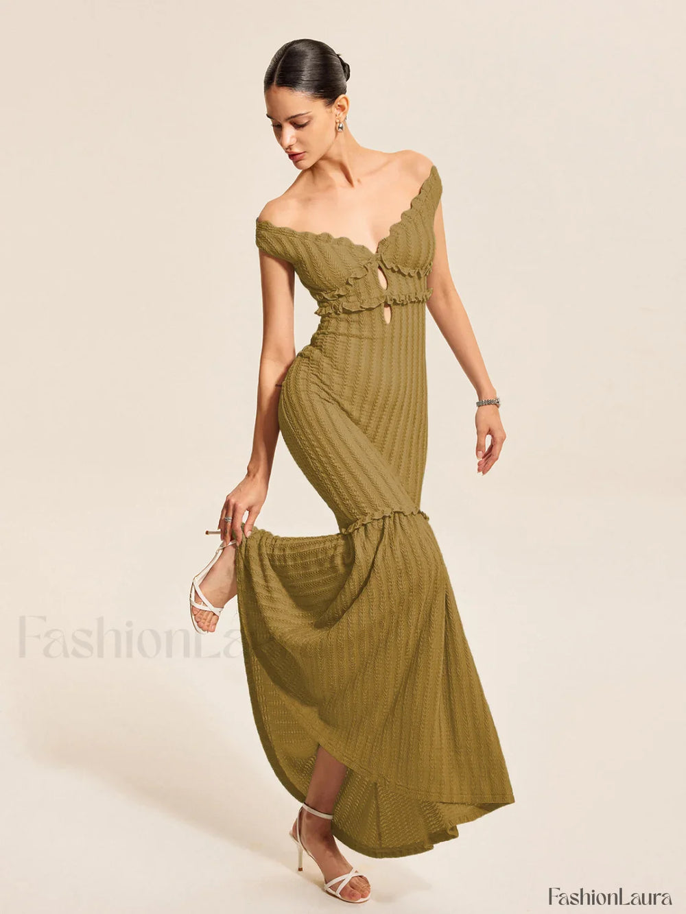 Off Shoulder Ruffle Detail Dress Brown / XS Dresses